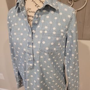 Tommy Hilfiger Women's Blue and White Polka Dot Long Sleeve Shirt Small Petite